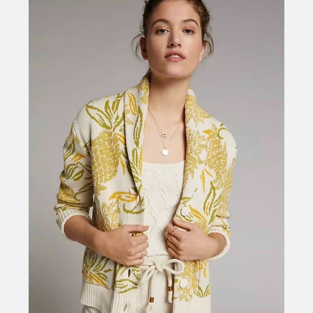 Anthropologie Cream and Yellow Floral Cardigan